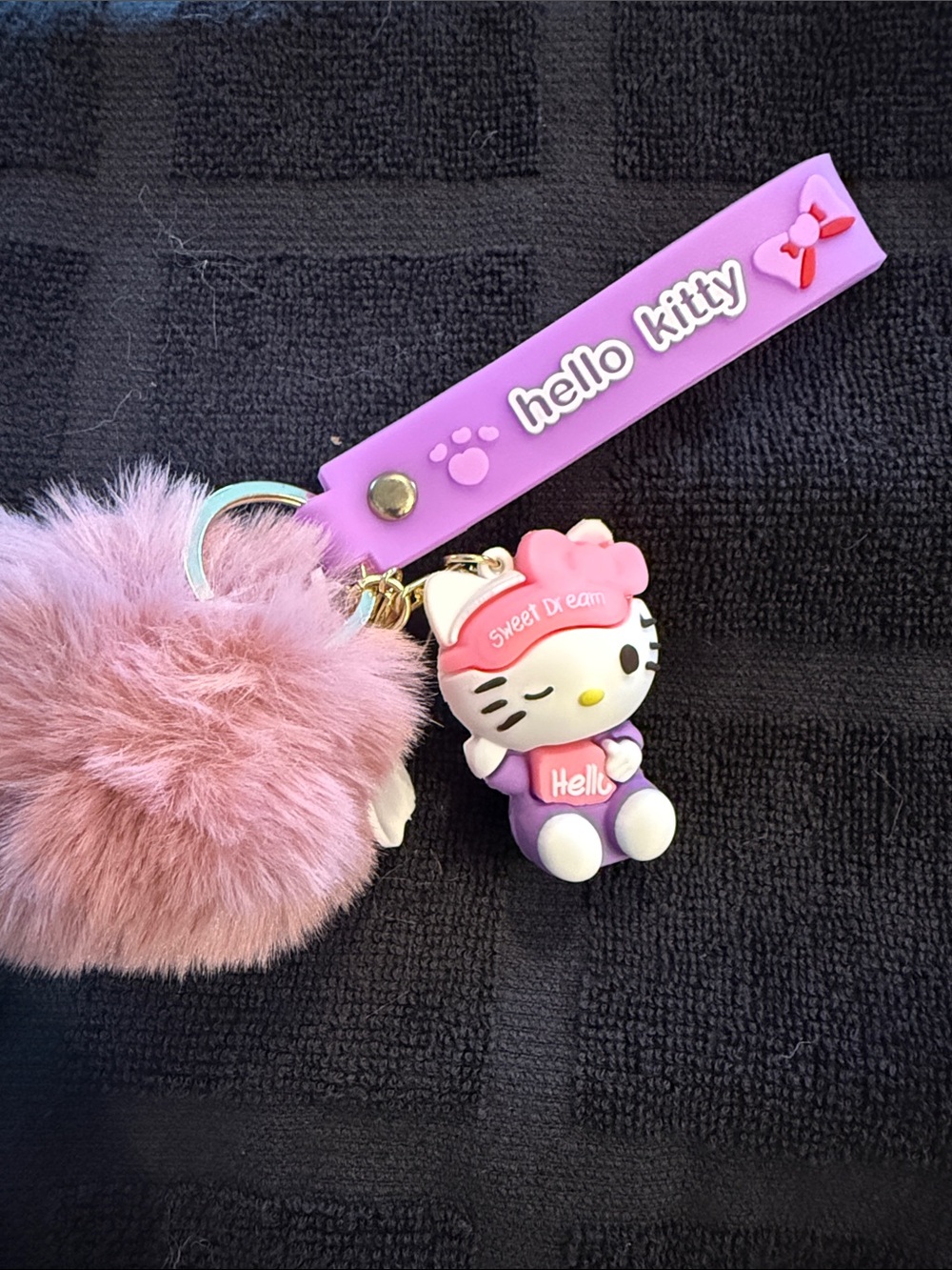 Hello Kitty Purple and Pink Pom Pom Keychain with Character Charm